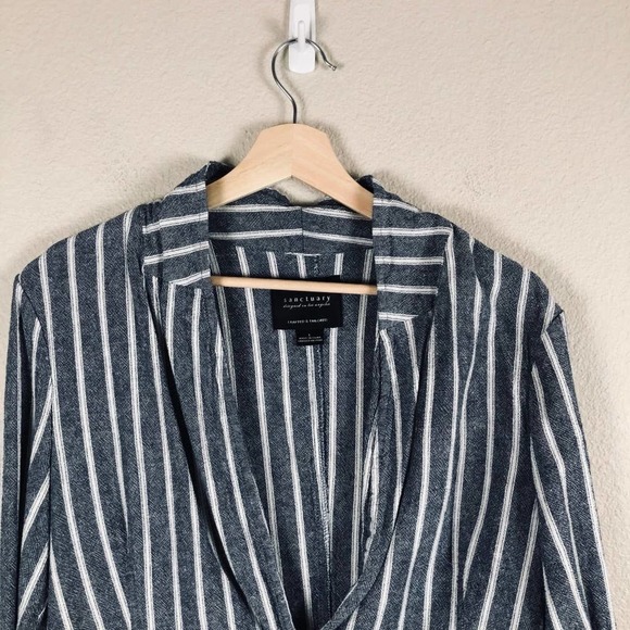 Sanctuary Blazer Jacket Blue White Stripe Linen Blend High Low Pockets Sz Large - Picture 3 of 15
